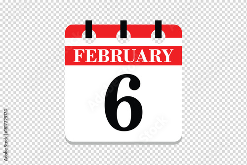 6 February Calendar icon vector, 6 dates of February month calendar icon, dates of February 6 icon calendar, vector calendar icon.