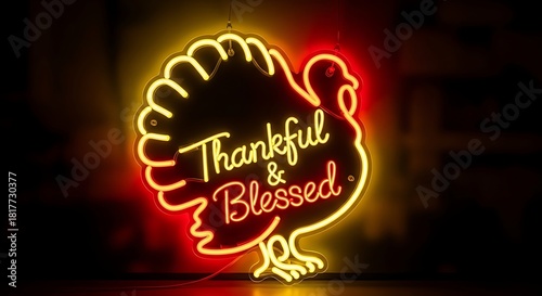 Glowing neon sign displaying a turkey shape with the words thankful and blessed for thanksgiving day