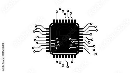 Vector illustration of black and white icon of a computer chip with a padlock symbol on it, isolated on transparent background 