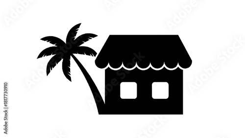 Vector illustration of black silhouette icon of a tropical beach shop or kiosk next to a leaning palm tree isolated on transparent background 
