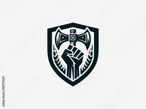 Strong hand fist gripping ax black vector logo with heraldic crest details for power brand identity