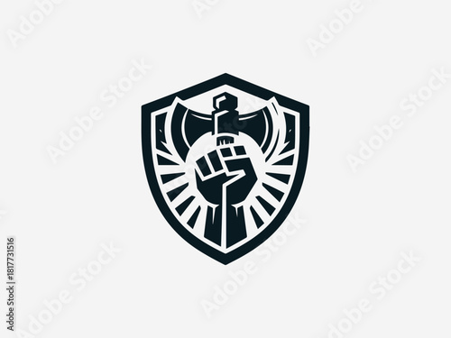 Strong hand fist gripping ax black vector logo with heraldic crest details for power brand identity