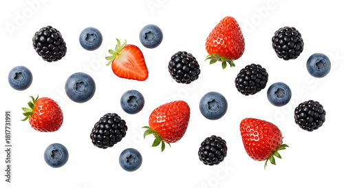 Wallpaper Mural Mixed blueberries, raspberries, and strawberries arranged on a clean white background Torontodigital.ca