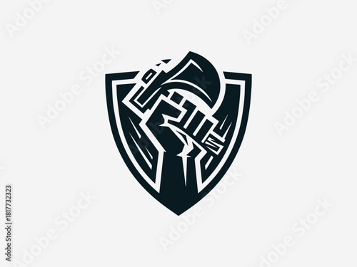 Strong hand fist gripping ax black vector logo with heraldic crest details for power brand identity