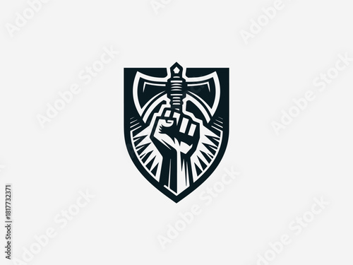 Strong hand fist gripping ax black vector logo with heraldic crest details for power brand identity