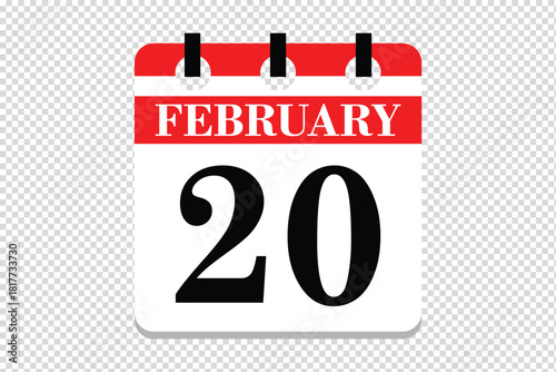 20 February Calendar icon vector, 20 dates of February month calendar icon, dates of February 20 icon calendar, vector calendar icon.
