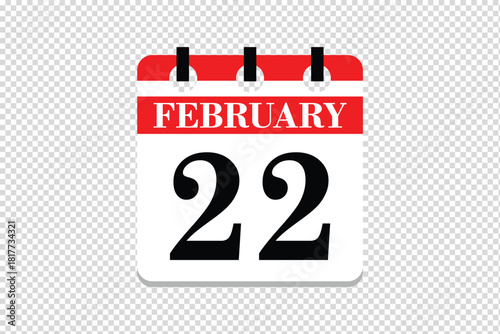 22 February Calendar icon vector, 22 dates of February month calendar icon, dates of February 22 icon calendar, vector calendar icon.