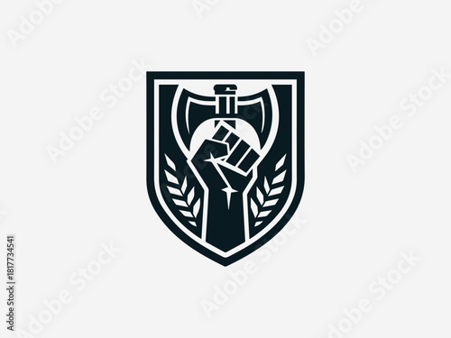 Strong hand fist gripping ax black vector logo with heraldic crest details for power brand identity
