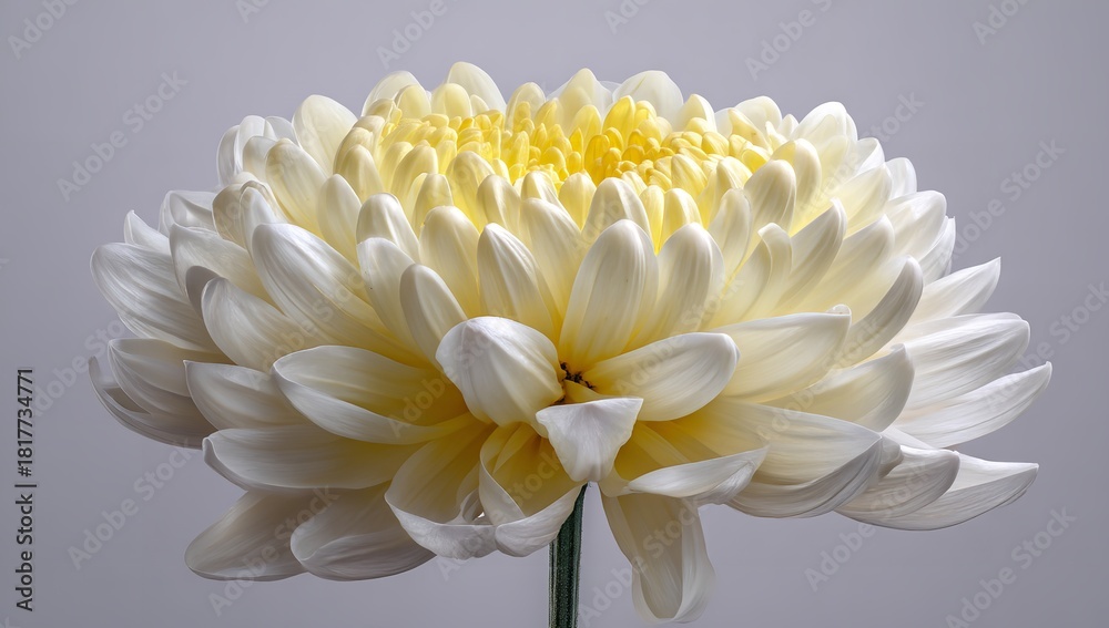 Obraz premium Close up of a white and yellow chrysanthemum flower with many petals against a gray background