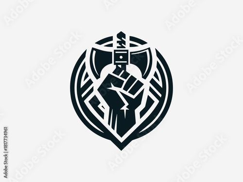 Strong hand fist gripping ax black vector logo with heraldic crest details for power brand identity