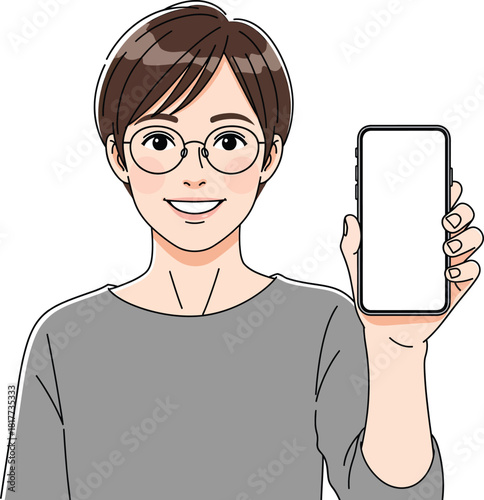 A cheerful young man with short brown hair and glasses presenting a smartphone with a blank screen.