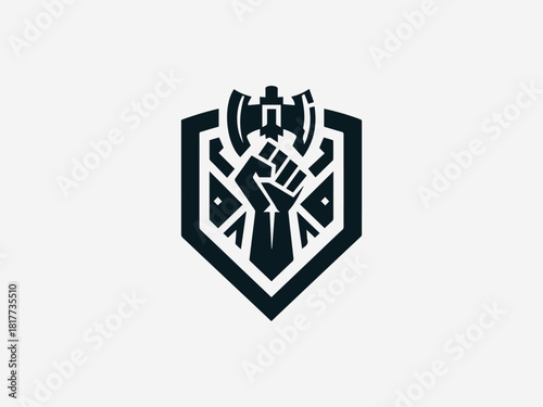 Strong hand fist gripping ax black vector logo with heraldic crest details for power brand identity