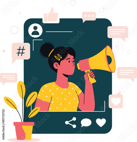 A flat vector illustration of a female influencer with a megaphone framed within a social media post interface.