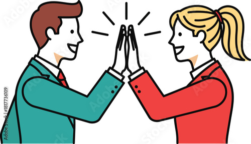 A smiling businessman and businesswoman in colorful suits giving a celebratory high five.