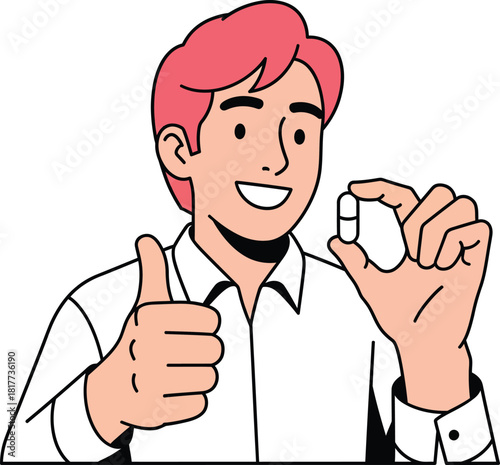 A smiling cartoon man with pink hair holding a white pill and giving a thumbsup gesture.