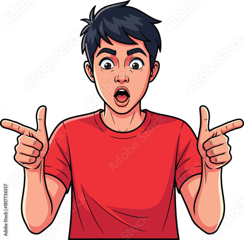 A surprised cartoon boy with black spiky hair and an open mouth pointing in opposite directions with both hands.