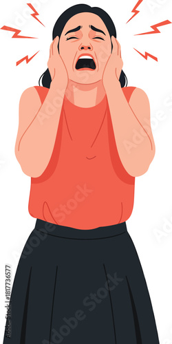 A young woman with black hair screaming in agony clutching her head from a severe headache or stress illustrated with pain symbols.