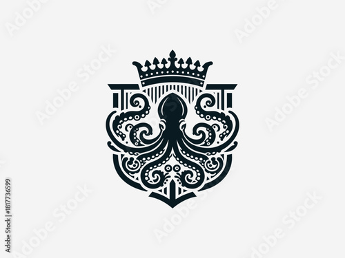 Intricate black heraldic octopus vector logo with detailed tentacles and emblem frame for powerful brand identity