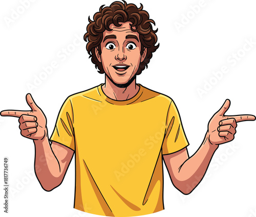 Amazed young man with curly brown hair in a yellow tshirt pointing in opposite directions.