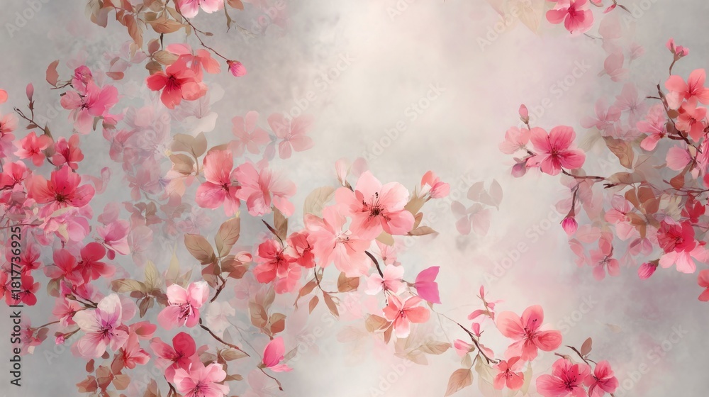 Fototapeta premium A soft, dreamy background featuring delicate pink flowers intertwined with light leaves, creating a serene and artistic floral pattern.
