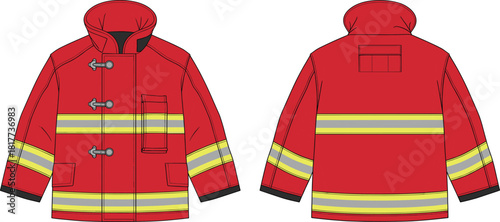 Red firefighter jacket fashion flat sketch with reflective stripes, toggle clasps, high collar, safety uniform, technical cad drawing flat vector illustration