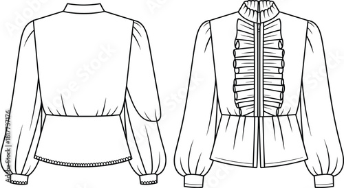 Women's long sleeve blouse fashion flat sketch with ruffled front, high neck, peplum waist, technical cad drawing flat vector illustration