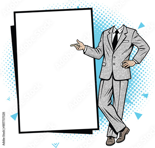 Confident headless man in a retro pop art suit pointing at a blank white presentation board.