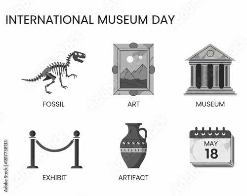 Black and white icons illustrating International Museum Day with a date of May 18