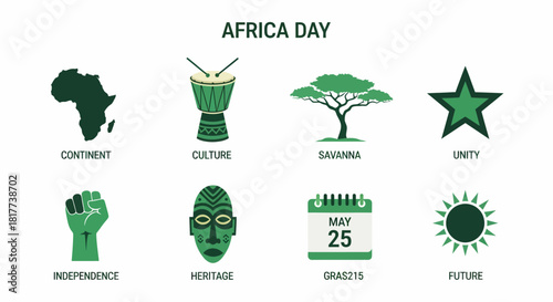 Eight green icons illustrating Africa Day themes in two rows