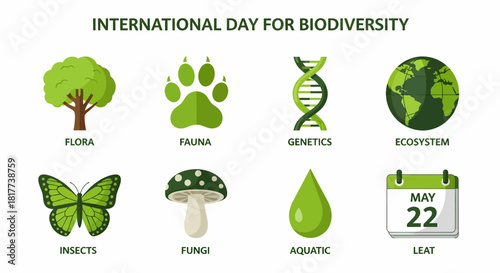 Eight green icons illustrating components of biodiversity for International Day
