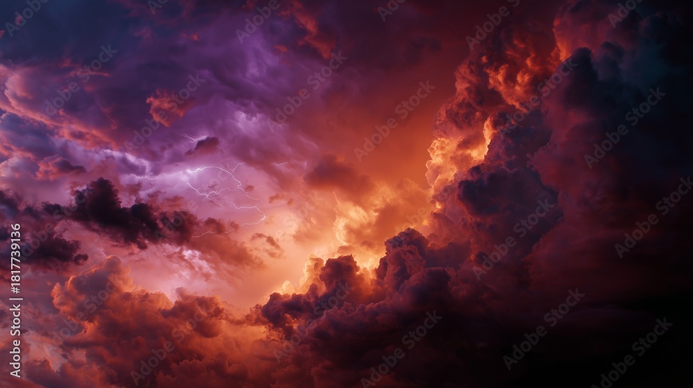 Naklejka premium Dramatic storm clouds with intense lightning in vivid fiery colors