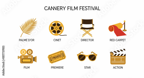 Eight icons representing elements of the Cannery Film Festival in gold and brown tones