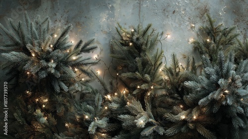 Overhead view of flocked Christmas tree branches with warm twinkle lights