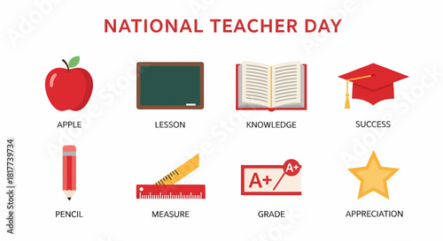 Graphic icons for National Teacher Day featuring school supplies and symbols