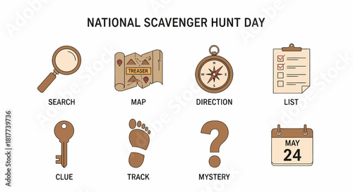 Graphic icons for National Scavenger Hunt Day including search tools and clues