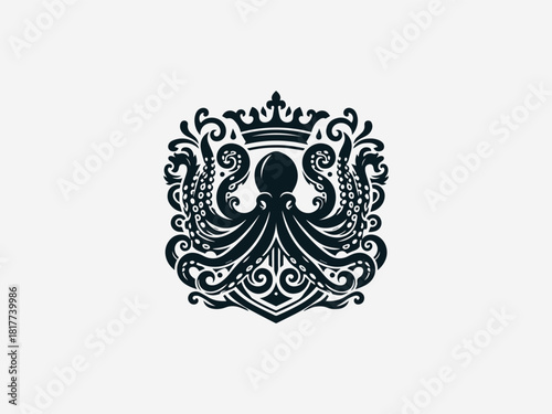 Intricate black heraldic octopus vector logo with detailed tentacles and emblem frame for powerful brand identity