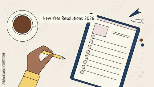 New year resolutions checklist on a clipboard with coffee and hand holding a pencil on a table top view