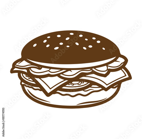 Delicious brown burger illustration with layers of ingredients and sesame seed bun on white background.