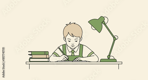 Illustration of a Focused Student Studying at Desk with Lamp and Books in Home