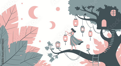 Whimsical Illustration of a Woman Hanging Lanterns on a Treehouse at Night