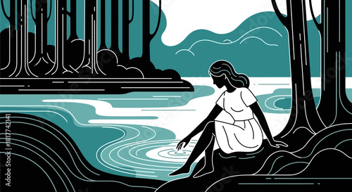 Elegant vector illustration of a woman by a tranquil lake surrounded by trees in a forest scene