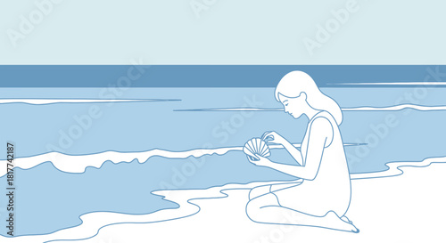 Elegant woman on the beach examining a seashell with calm ocean backdrop and blue monochrome