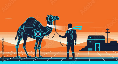 Futuristic desert expedition with astronaut and robot camel for space exploration
