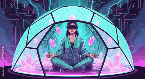 Futuristic meditation pod with digital overlay and crystal accents artwork