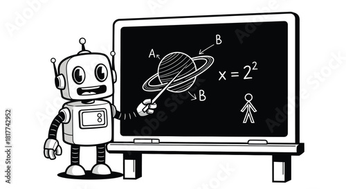 Robot Teacher Explaining Science on a Chalkboard.