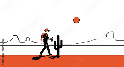 Graphic illustration of a traveler in the desert with a cactus and mountains, simple design
