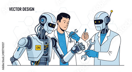 Human scientist collaborating with robots for maintenance and innovation illustration