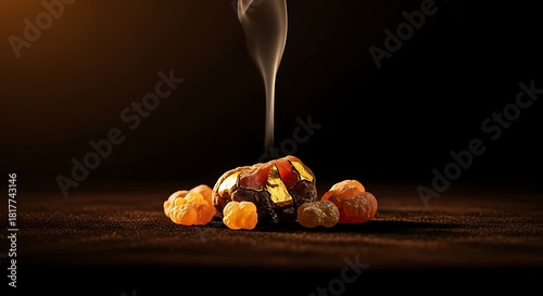 Burning Frankincense Resin with Smoke on Dark Background, Aromatherapy and Incense Ritual