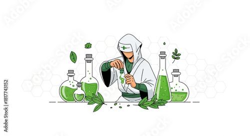 Herbalist preparing a natural remedy with laboratory equipment in a minimal art style design
