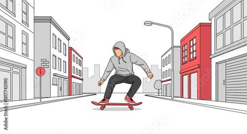 Hooded skateboarder riding down a city street with minimalist building illustration